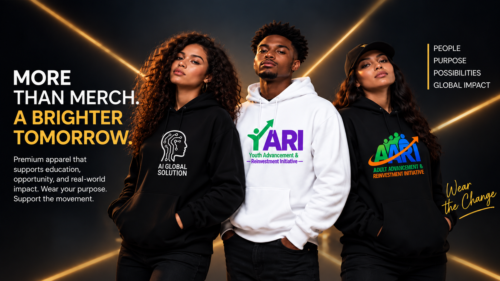 AI Global Solution merch campaign featuring three young adults wearing AI Global Solution, YARI and AARI apparel